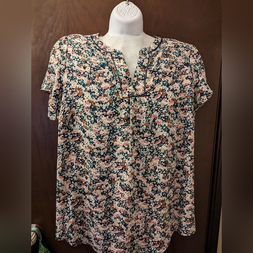 Green and pink floral blouse